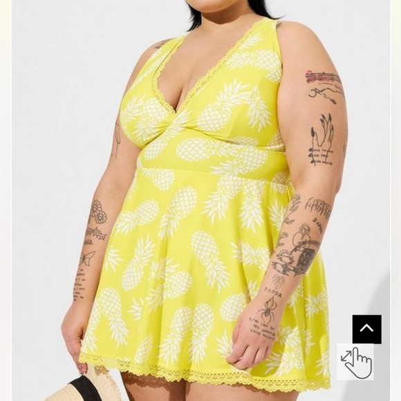 New Torrid sz 2 Pineapple Wireless Mid Lace Trimmed Dress W/ Brief Swim 2X - Picture 2 of 4